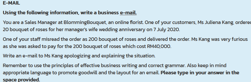 E Mail Using The Following Information Write A Business E Mail You Are A Sales Manager At Blommingbouquet An Online F 1
