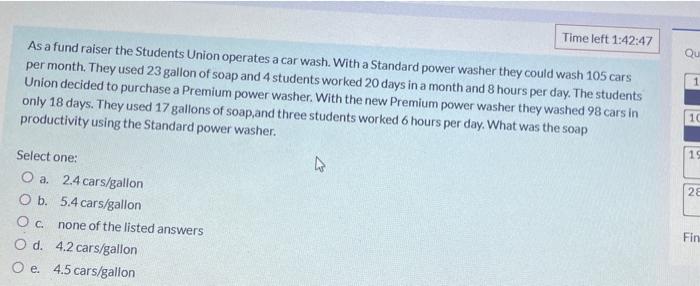 Time Left 1 42 47 As A Fund Raiser The Students Union Operates A Car Wash With A Standard Power Washer They Could Wash 1