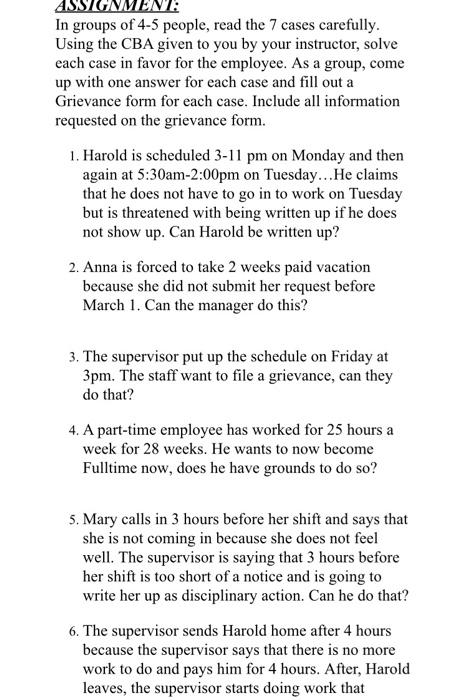 Assignment In Groups Of 4 5 People Read The 7 Cases Carefully Using The Cba Given To You By Your Instructor Solve Ea 1