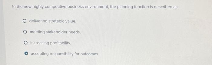 In The New Highly Competitive Business Environment The Planning Function Is Described As Delivering Strategic Value O 1