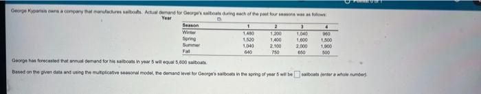 George Kypansia Owns A Company That Manufactures Sailboats Actual Demand For George S Salboats During Each Of The Past 1