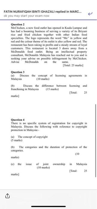 Fatin Nurafiqah Binti Ghazali Replied In Marc Ok You May Start Your Exam Now Question 2 Mcchicken A New Food Outlet 1