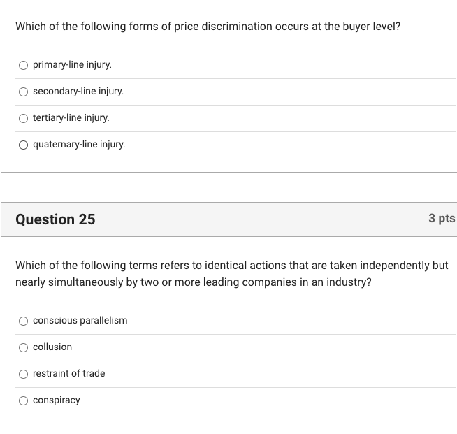 Which Of The Following Forms Of Price Discrimination Occurs At The Buyer Level Primary Line Injury Secondary Line Inju 1