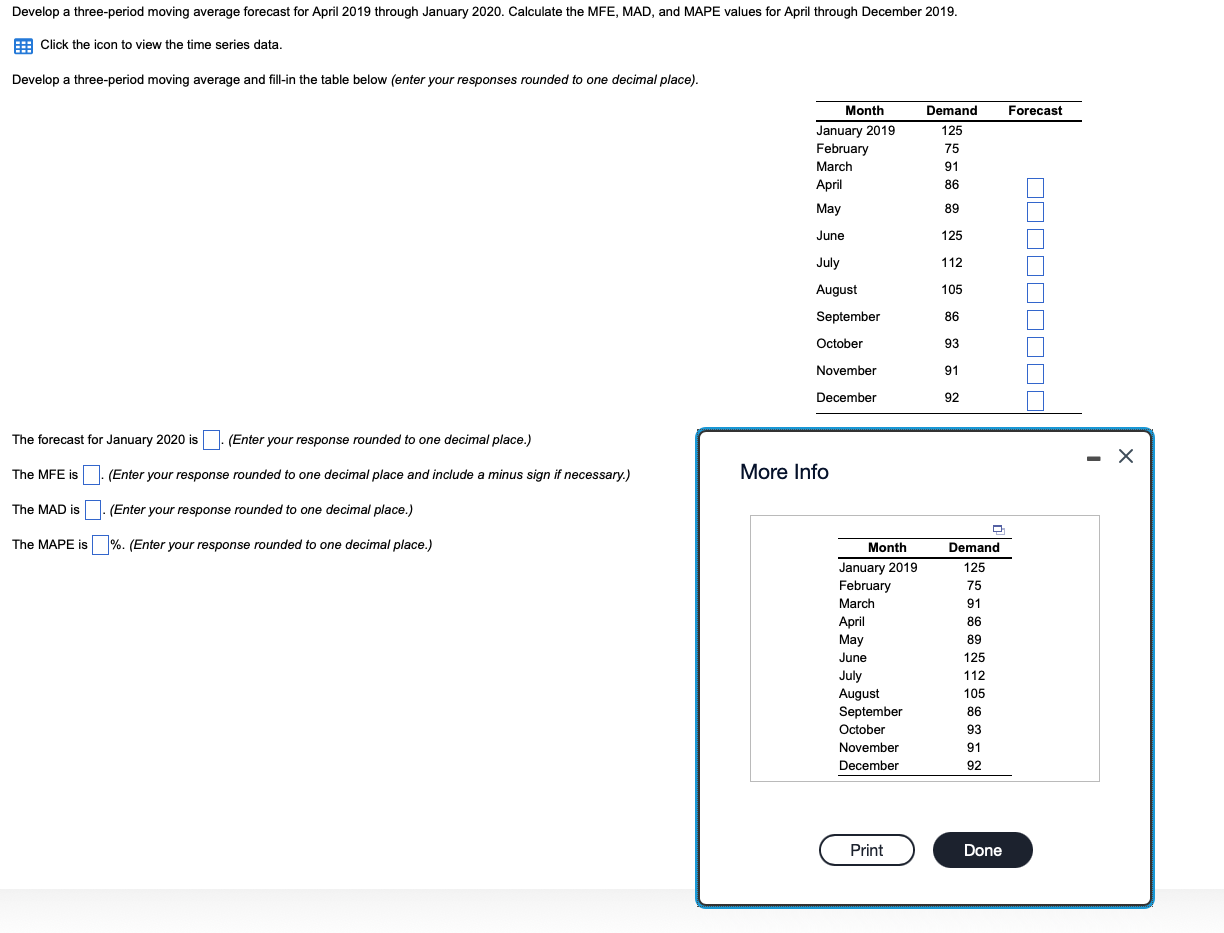 Develop A Three Period Moving Average Forecast For April 2019 Through January 2020 Calculate The Mfe Mad And Mape Val 1