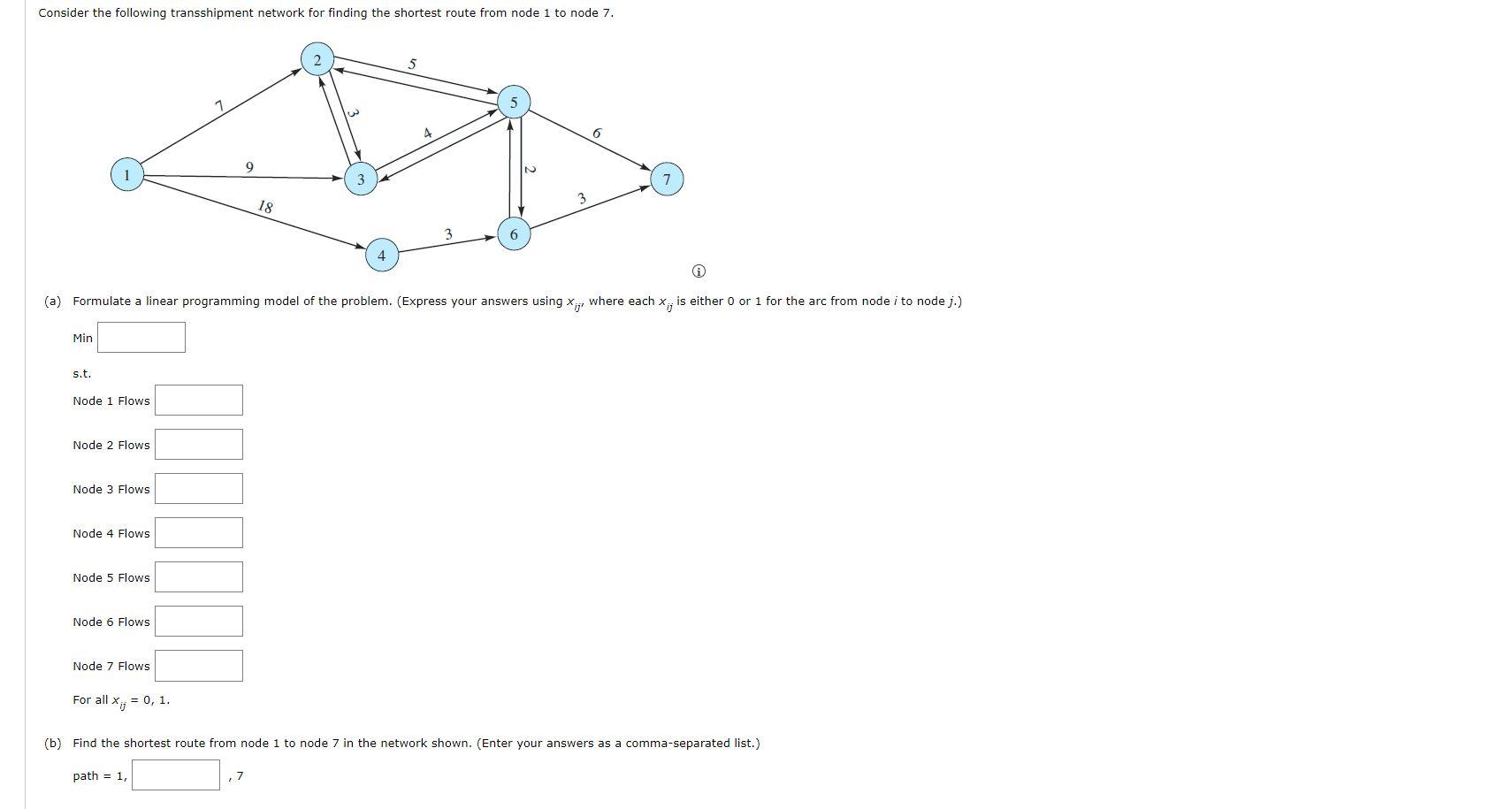 Consider The Following Transshipment Network For Finding The Shortest Route From Node 1 To Node 7 Min S T Node 1 Flows 1