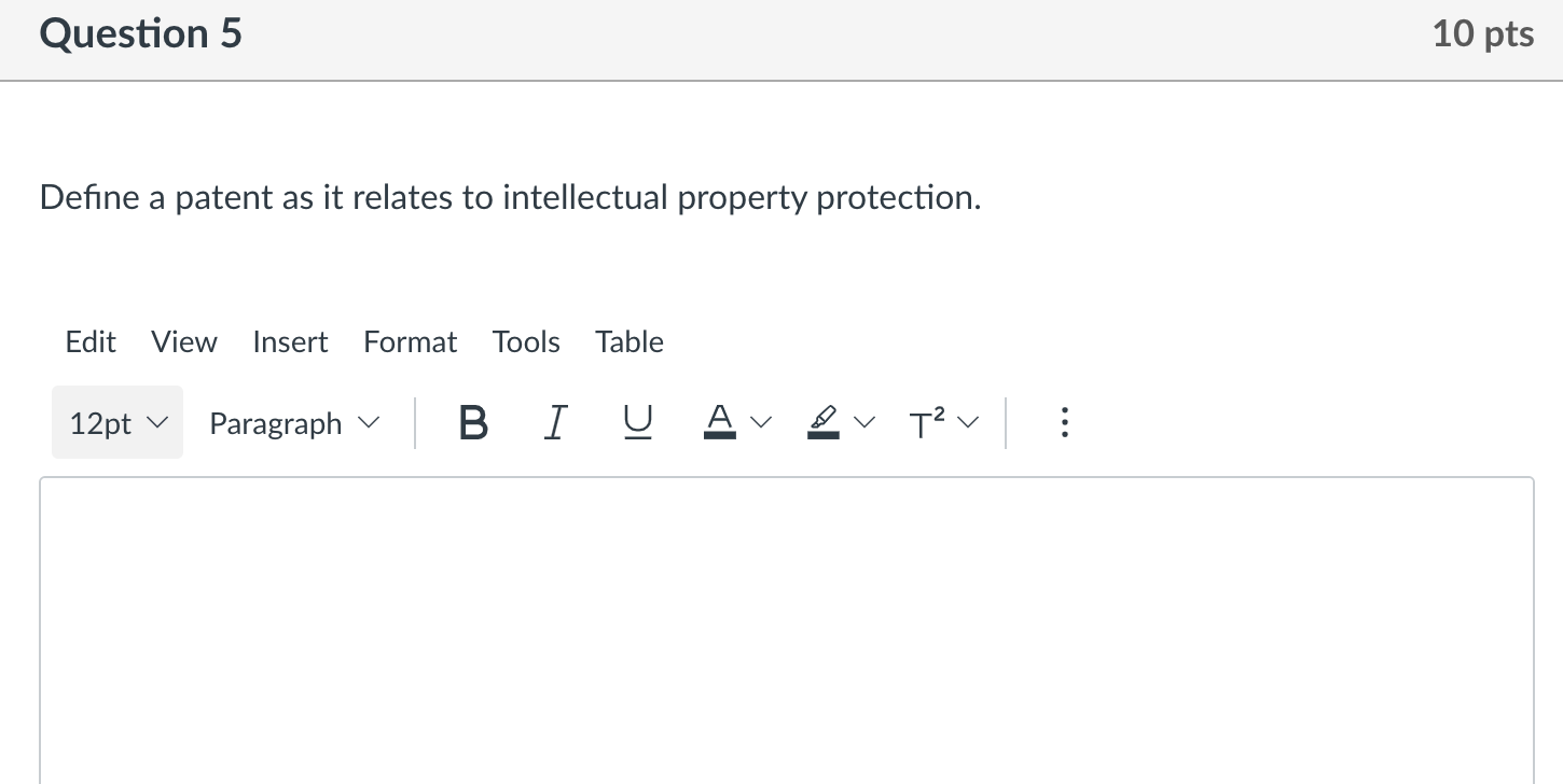 Question 5 Define A Patent As It Relates To Intellectual Property Protection Edit View Insert Format Tools Table 12pt P 1