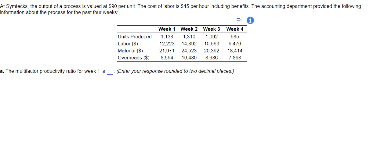 At Symtecks The Output Of A Process Is Valued At 90 Per Unit The Cost Of Labor Is 45 Per Hour Including Benefits Th 1