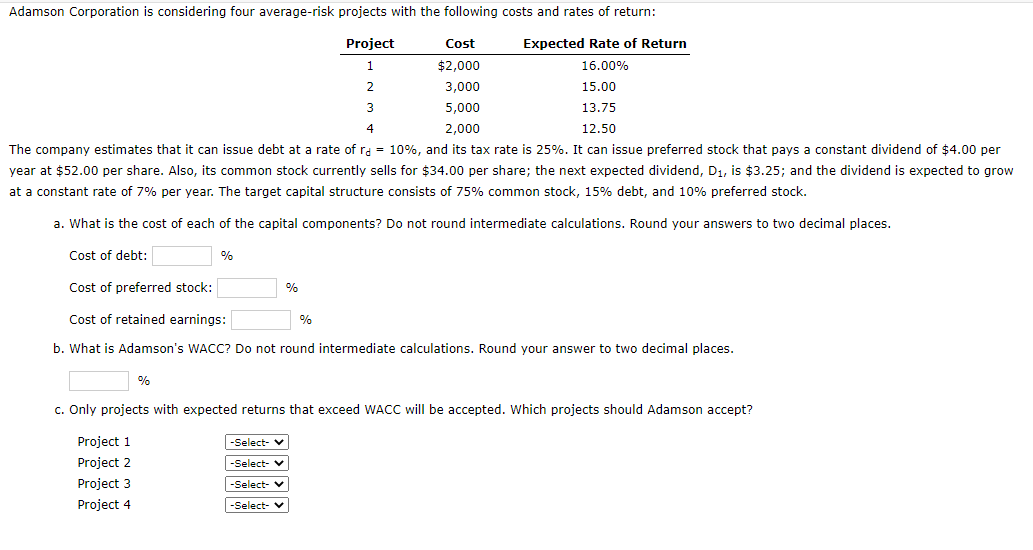 Adamson Corporation Is Considering Four Average Risk Projects With The Following Costs And Rates Of Return Project Expe 1