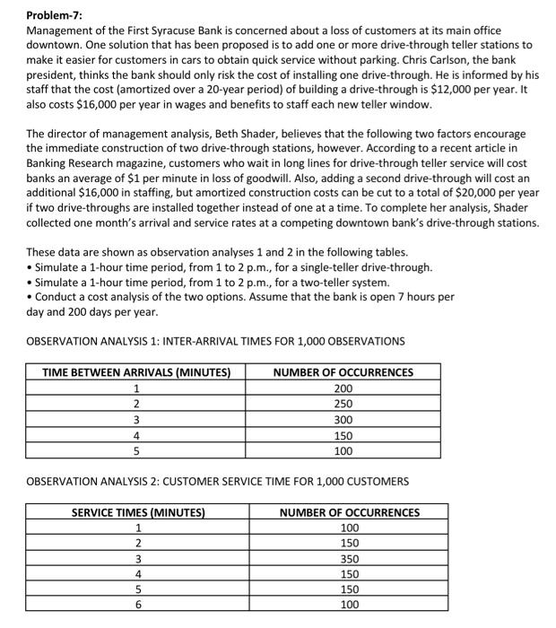 Problem 7 Management Of The First Syracuse Bank Is Concerned About A Loss Of Customers At Its Main Office Downtown One 1