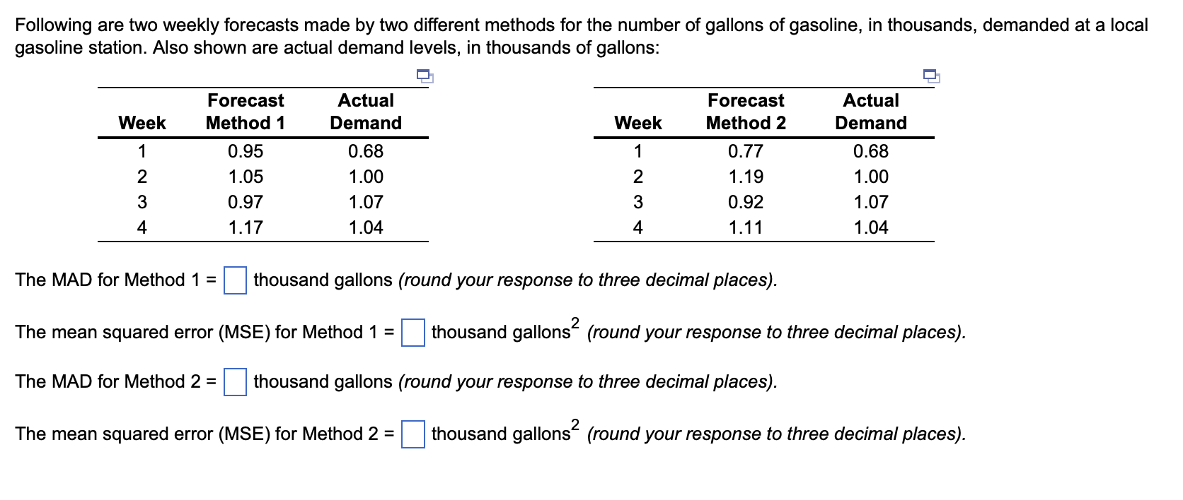 Following Are Two Weekly Forecasts Made By Two Different Methods For The Number Of Gallons Of Gasoline In Thousands De 1