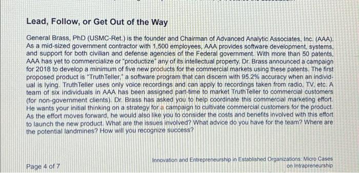 Lead Follow Or Get Out Of The Way General Brass Phd Usmc Ret Is The Founder And Chairman Of Advanced Analytic Asso 1