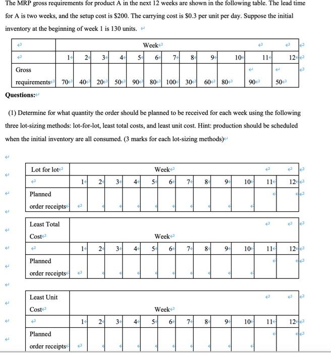 The Mrp Gross Requirements For Product A In The Next 12 Weeks Are Shown In The Following Table The Lead Time For A Is T 1