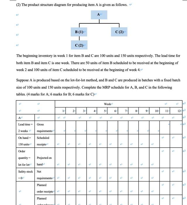 The Mrp Gross Requirements For Product A In The Next 12 Weeks Are Shown In The Following Table The Lead Time For A Is T 2