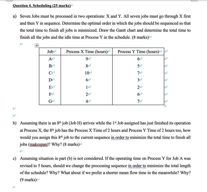 Question 4 Scheduling 25 Marks A Seven Jobs Must Be Processed In Two Operations X And Y All Seven Jobs Must Go Thr 1