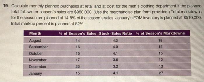 19 Calculate Monthly Planned Purchases At Retail And At Cost For The Men S Clothing Department If The Planned Total Fal 1