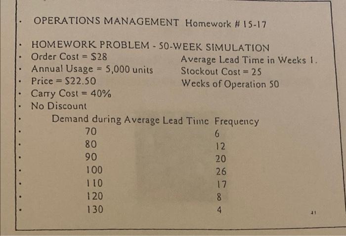 Operations Management Homework 15 17 Homework Problem So Week Simulation Order Cost 28 Annual Usage 5 000 U 2