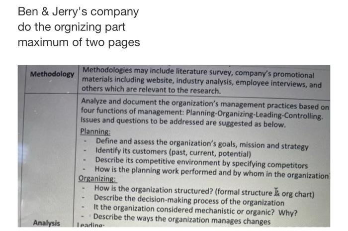 Ben Jerry S Company Do The Orgnizing Part Maximum Of Two Pages Methodology Methodologies May Include Literature Survey 1