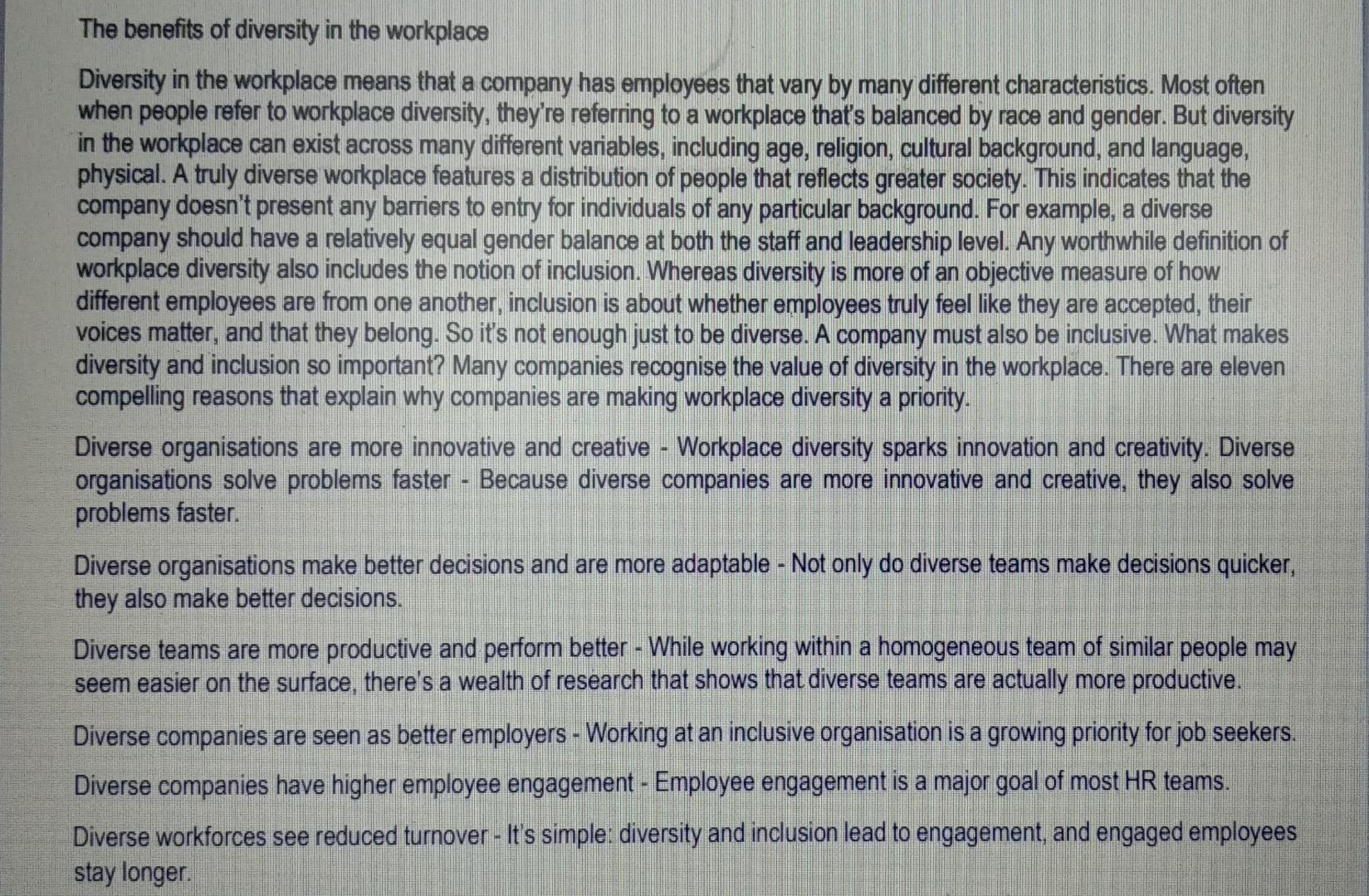 The Benefits Of Diversity In The Workplace Diversity In The Workplace Means That A Company Has Employees That Vary By Ma 1