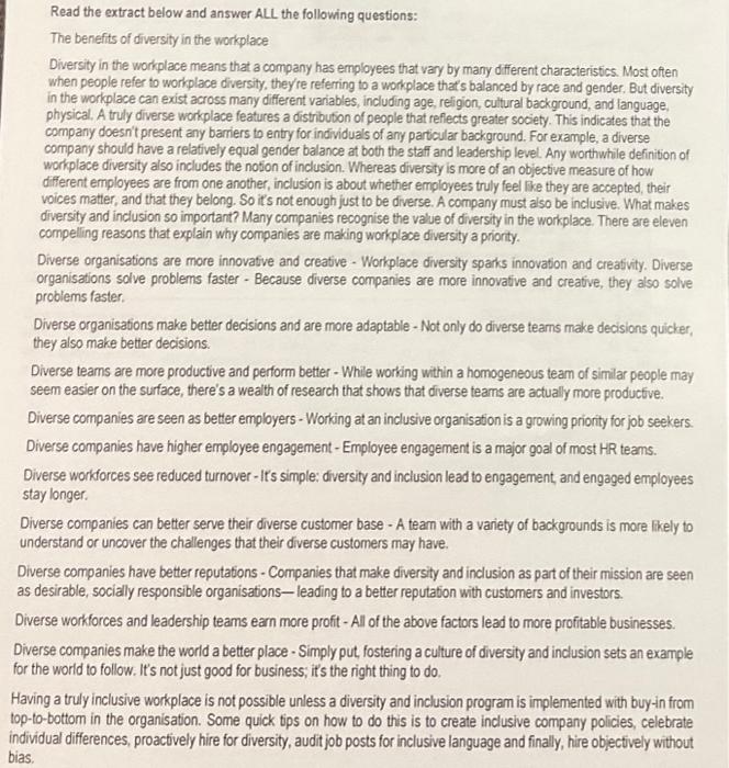 Read The Extract Below And Answer All The Following Questions The Benefits Of Diversity In The Workplace Diversity In T 1