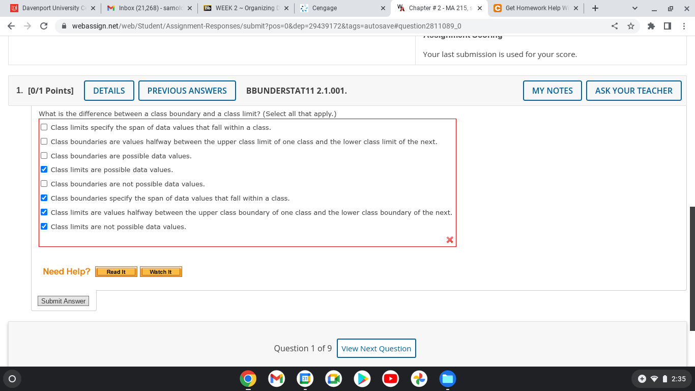 D Davenport University Cx M Inbox 21 268 Sarnold C Bb Week 2 Organizing D X Webassign Net Web Student Assignment R 1