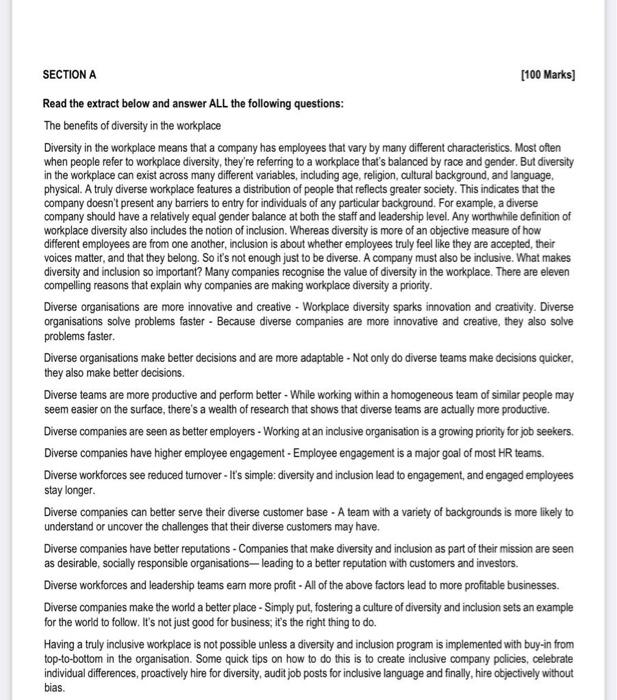 Section A Read The Extract Below And Answer All The Following Questions The Benefits Of Diversity In The Workplace Dive 1