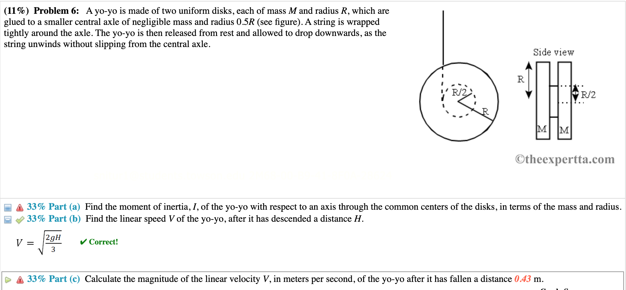 11 Problem 6 A Yo Yo Is Made Of Two Uniform Disks Each Of Mass M And Radius R Which Are Glued To A Smaller Central 1
