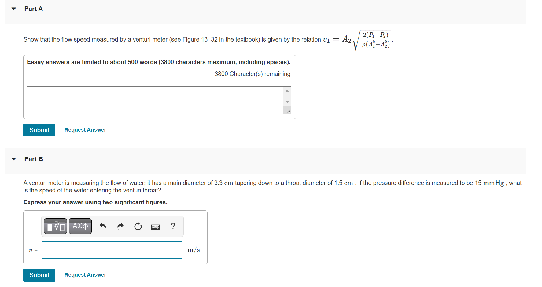 Part A A Show That The Flow Speed Measured By A Venturi Meter See Figure 13 32 In The Textbook Is Given By The Relati 1