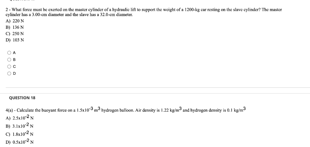 2 What Force Must Be Exerted On The Master Cylinder Of A Hydraulic Lift To Support The Weight Of A 1200 Kg Car Resting 1