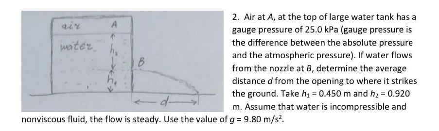 Air Water A B 2 Air At A At The Top Of Large Water Tank Has A Gauge Pressure Of 25 0 Kpa Gauge Pressure Is The Differ 1