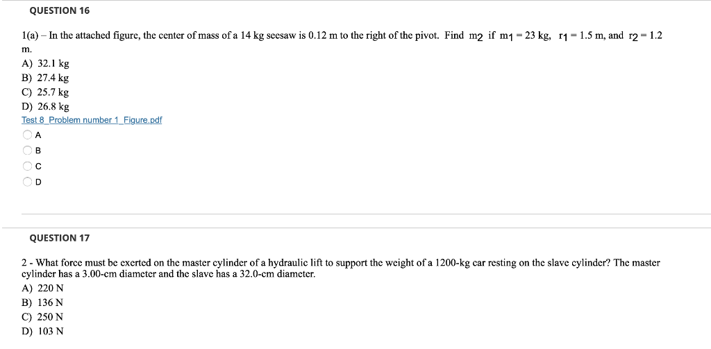 Question 16 1 A In The Attached Figure The Center Of Mass Of A 14 Kg Seesaw Is 0 12 M To The Right Of The Pivot Fin 1