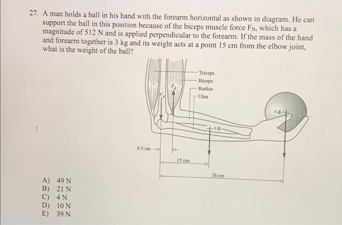 27 A Man Holds A Ball In His Hand With The Forearm Horizontal As Shown In Diagram He Can Support The Ball In This Posi 1