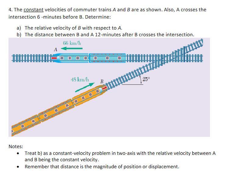 4 The Constant Velocities Of Commuter Trains A And B Are As Shown Also A Crosses The Intersection 6 Minutes Before B 1