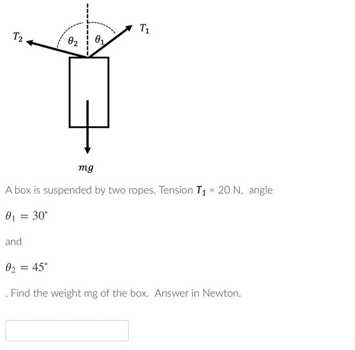 T2 0 And Mg 0 T A Box Is Suspended By Two Ropes Tension T 20 N Angle 0 30 0 45 Find The Weight Mg Of T 1