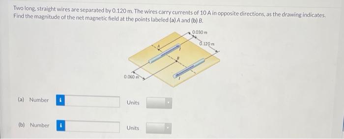Two Long Straight Wires Are Separated By 0 120 M The Wires Carry Currents Of 10 A In Opposite Directions As The Drawi 1