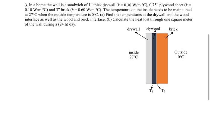 In A Home The Wall Is A Sandwich Of 1 Thick Drywall K 0 30 W M C 0 75 Plywood Sheet K 0 10 W M C And 3 Brick 1
