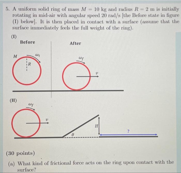 5 A Uniform Solid Ring Of Mass M 10 Kg And Radius R 2 M Is Initially Rotating In Mid Air With Angular Speed 20 Rad S 1