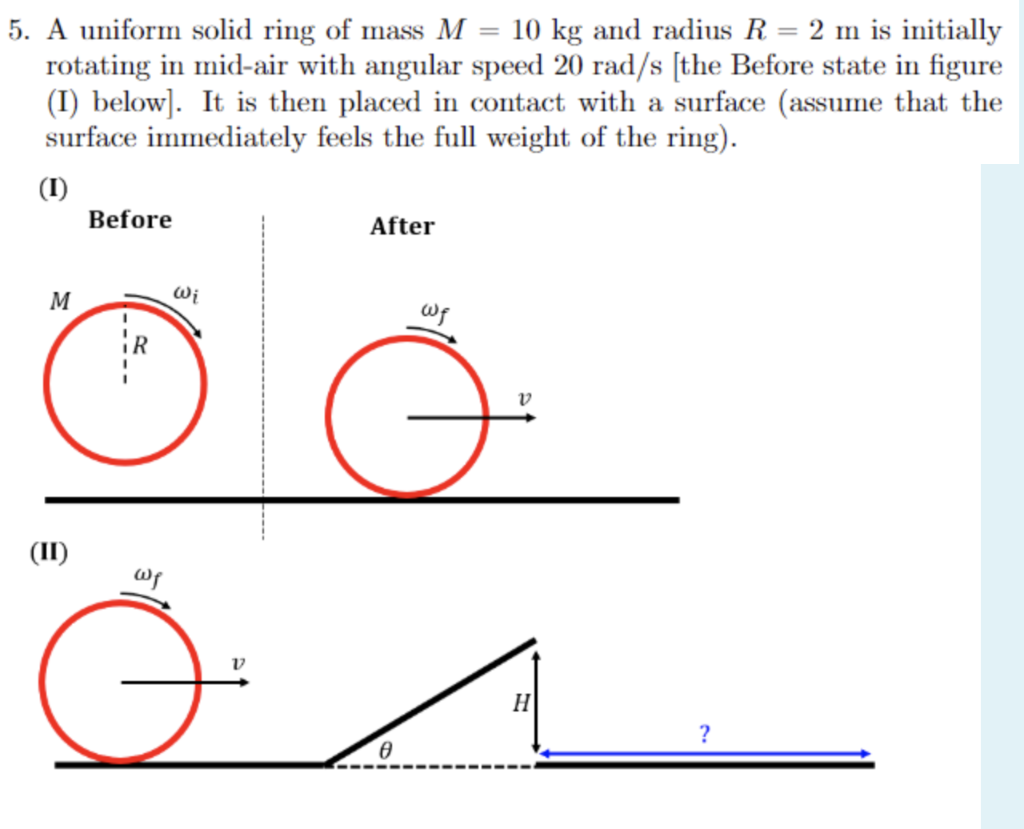 5 A Uniform Solid Ring Of Mass M 10 Kg And Radius R 2 M Is Initially Rotating In Mid Air With Angular Speed 20 Rad 1