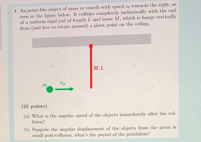 4 An Point Like Object Of Mass M Travels With Speed Up Towards The Right As Seen In The Figure Below It Collides Comp 1