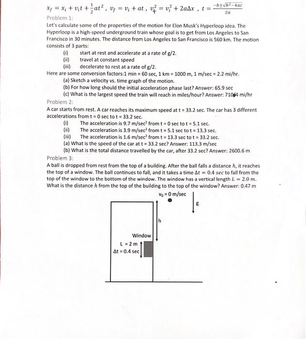 X X V T At V V At V V 2a4x T Problem 1 Let S Calculate Some Of The Properties Of The Motion 1