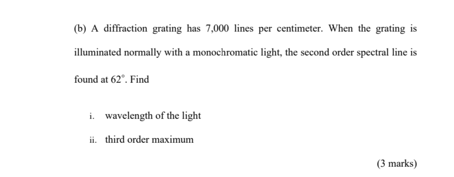 B A Diffraction Grating Has 7 000 Lines Per Centimeter When The Grating Is Illuminated Normally With A Monochromatic 1