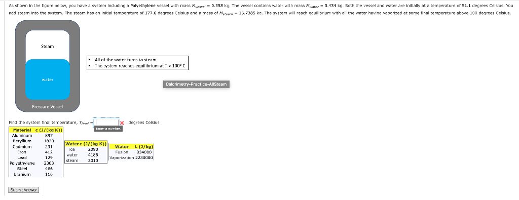 As Shown In The Figure Below You Have A System Including A Polyethylene Vessel With Mass Messel 0 358 Kg The Vessel 1