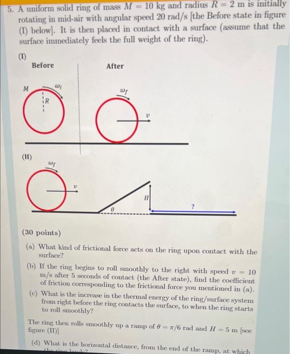 5 A Uniform Solid Ring Of Mass M 10 Kg And Radius R 2 M Is Initially Rotating In Mid Air With Angular Speed 20 Rad 1