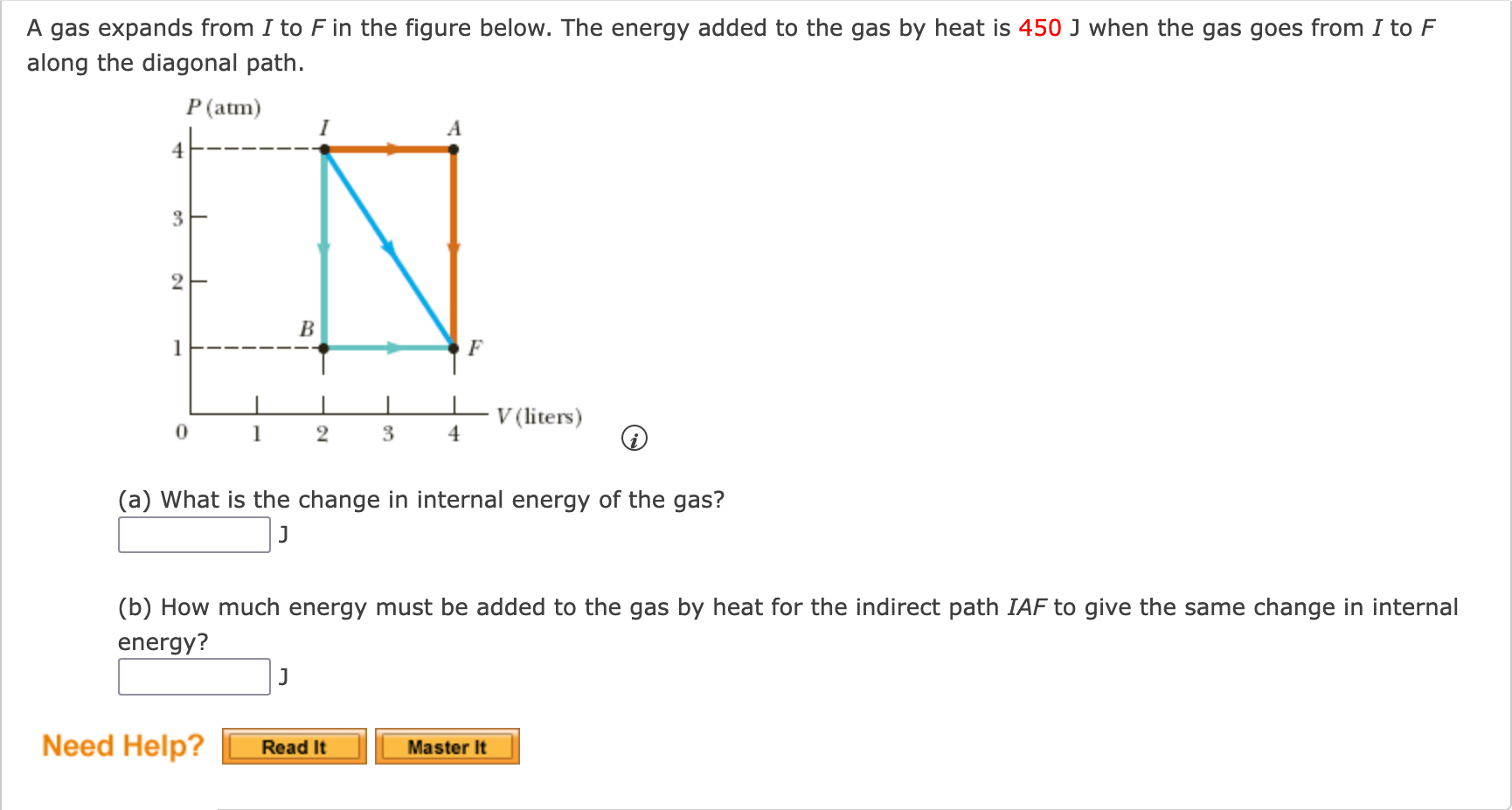 A Gas Expands From I To F In The Figure Below The Energy Added To The Gas By Heat Is 450 J When The Gas Goes From I To 1