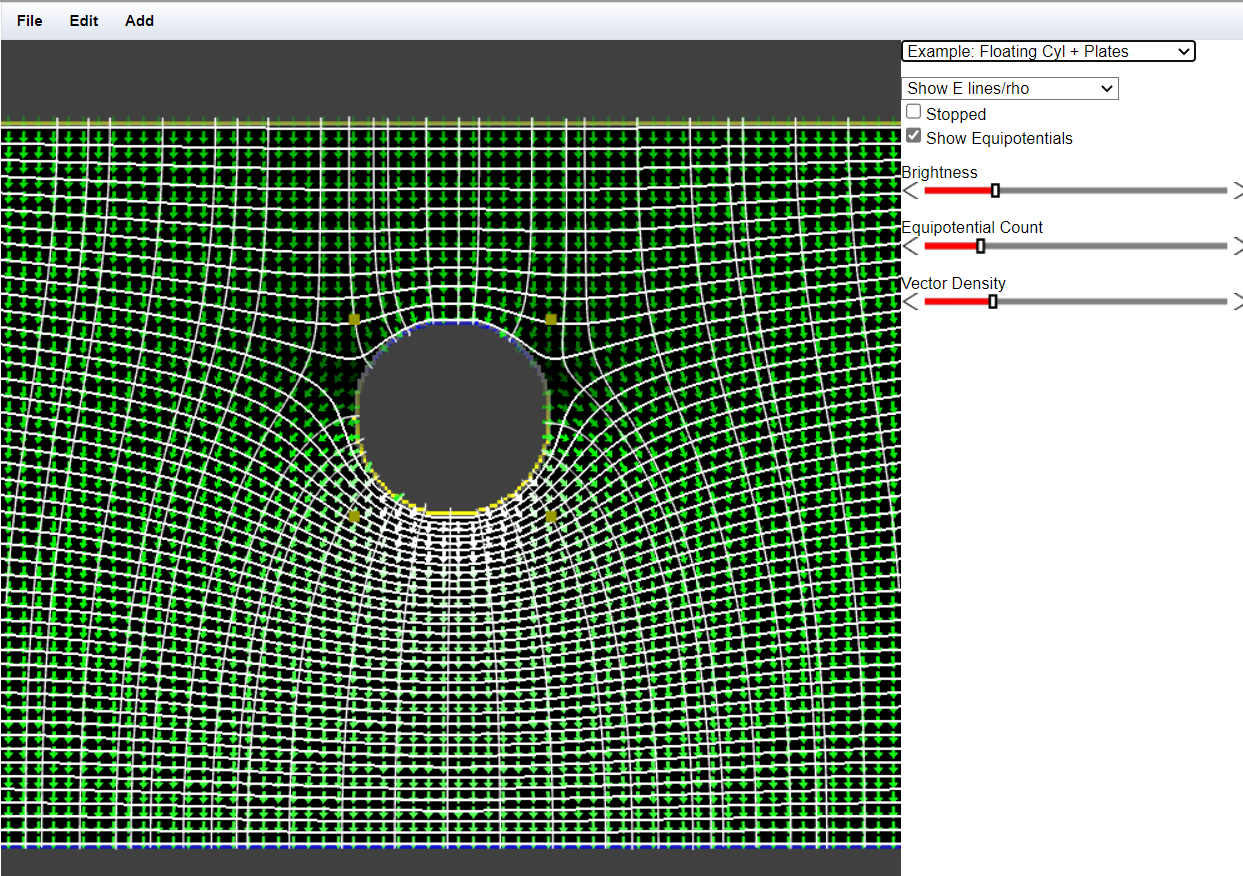 File Edit Add Example Floating Cyl Plates Show E Lines Rho O Stopped Show Equipotentials Brightness Equipotential Co 1