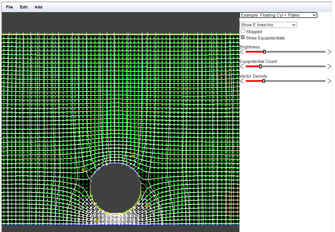 File Edit Add Example Floating Cyl Plates Show E Lines Rho Stopped Show Equipotentials Brightness 0 Equipotential Cou 1