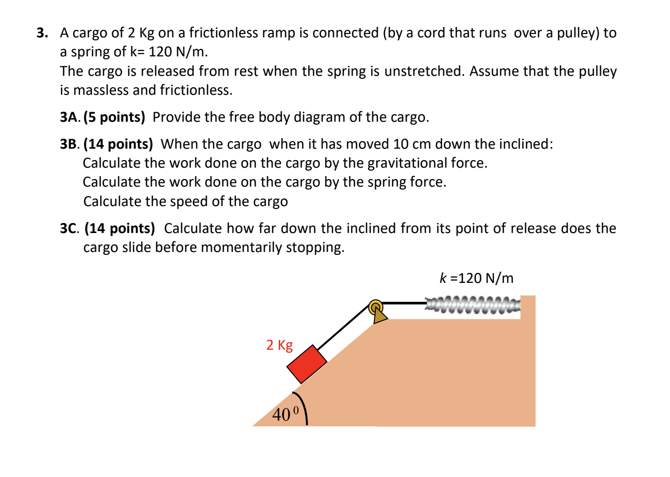 3 A Cargo Of 2 Kg On A Frictionless Ramp Is Connected By A Cord That Runs Over A Pulley To A Spring Of K 120 N M Th 1