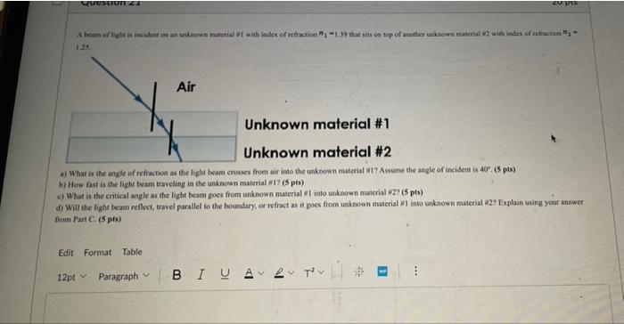 Question A Beam Of Light Is Incident On An Unknown Material 1 With Index Of Refraction 1 39 That Sits On Top Of Anothe 1