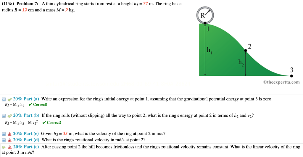 11 Problem 7 A Thin Cylindrical Ring Starts From Rest At A Height Hy 77 M The Ring Has A Radius R 12 Cm And A M 1
