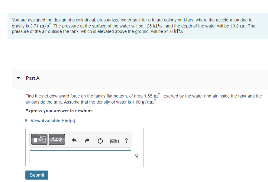 You Are Assigned The Design Of A Cylindrical Pressurized Water Tank For A Future Colony On Mars Where The Acceleration 1