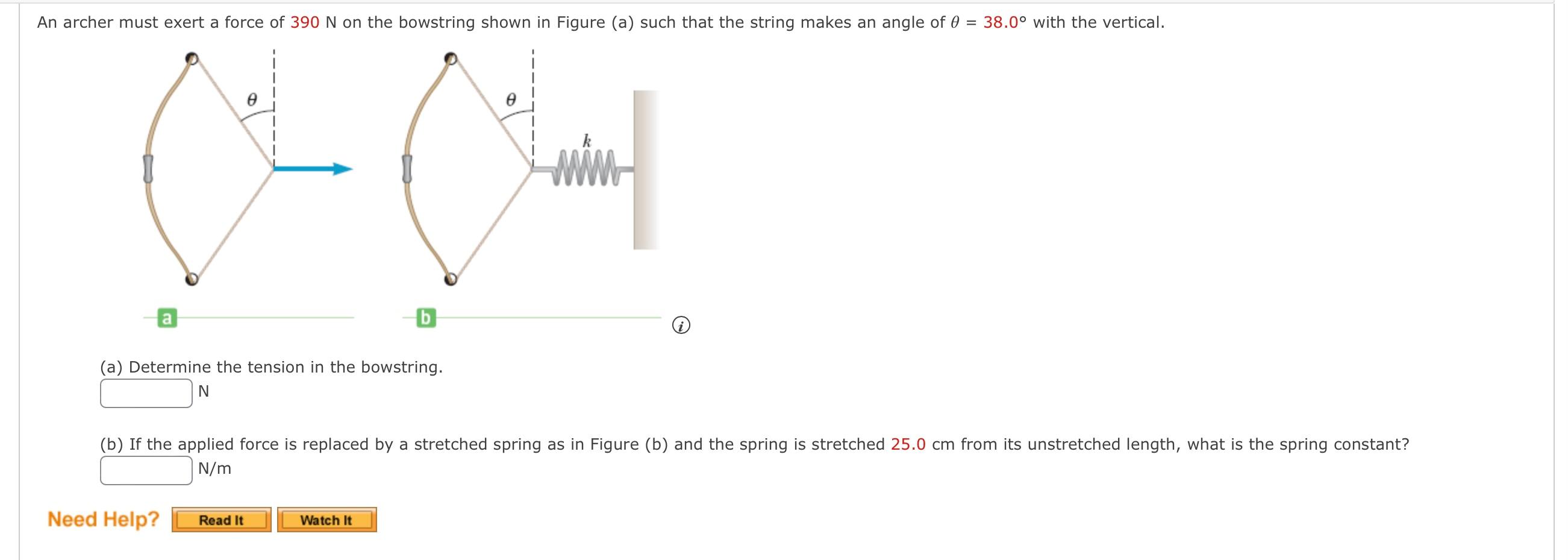 An Archer Must Exert A Force Of 390 N On The Bowstring Shown In Figure A Such That The String Makes An Angle Of 0 38 1